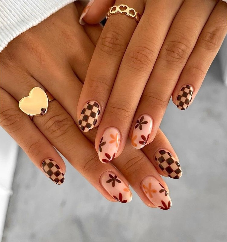 Plaid Petals Fall Nail Design