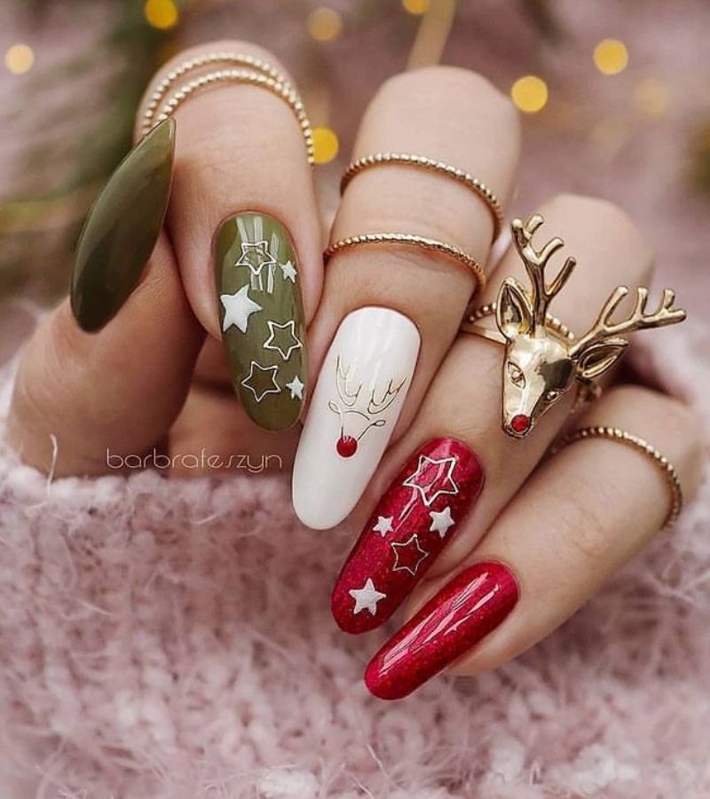 Oliver Green, White And Red With Stars On Top - Red Christmas Nails