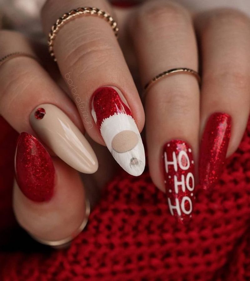 Ho Ho Ho Red Glittery Nails Wiyj Santa Hat - Red Christmas Nails