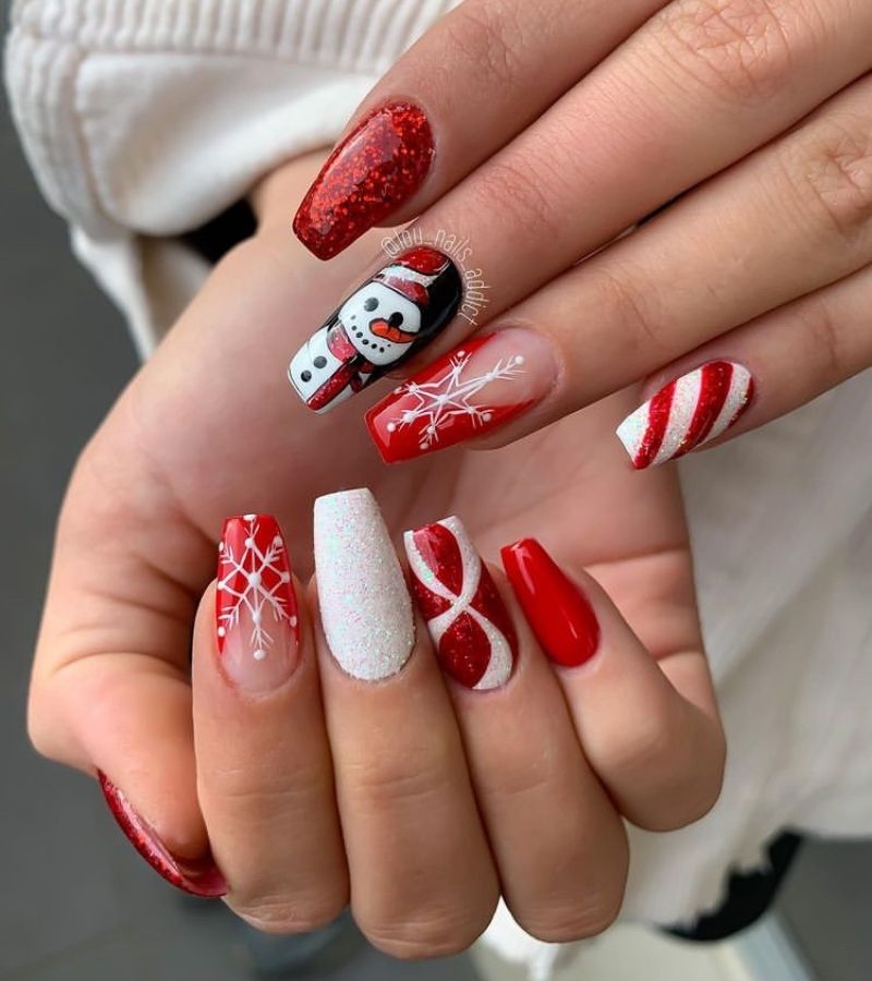 Red And White Nails With Snowman, Sparkles And Candy Cane - Red Christmas Nails