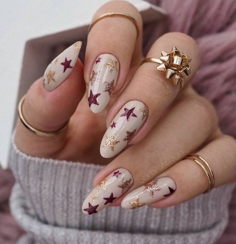Nude Nails With Stars - Starry Christmas Nail Art