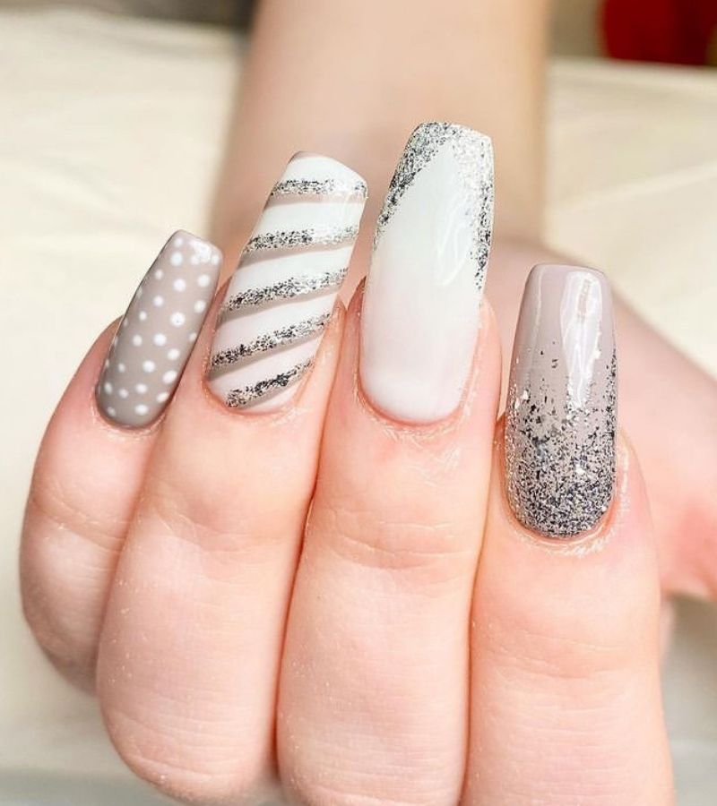 Grey Nails With White Stripes - Christmas Nail Art Stickers