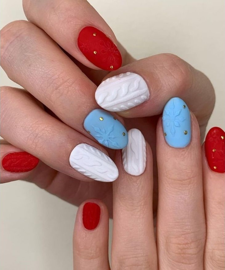 Red, White And Baby Blue Sweater Nails - Holiday Christmas Nails