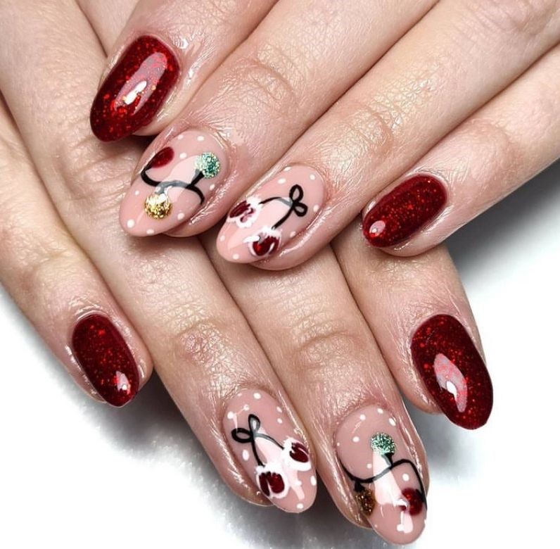 Glittery Dark Red With Cherry Ornaments - Christmas Nail Art Designs