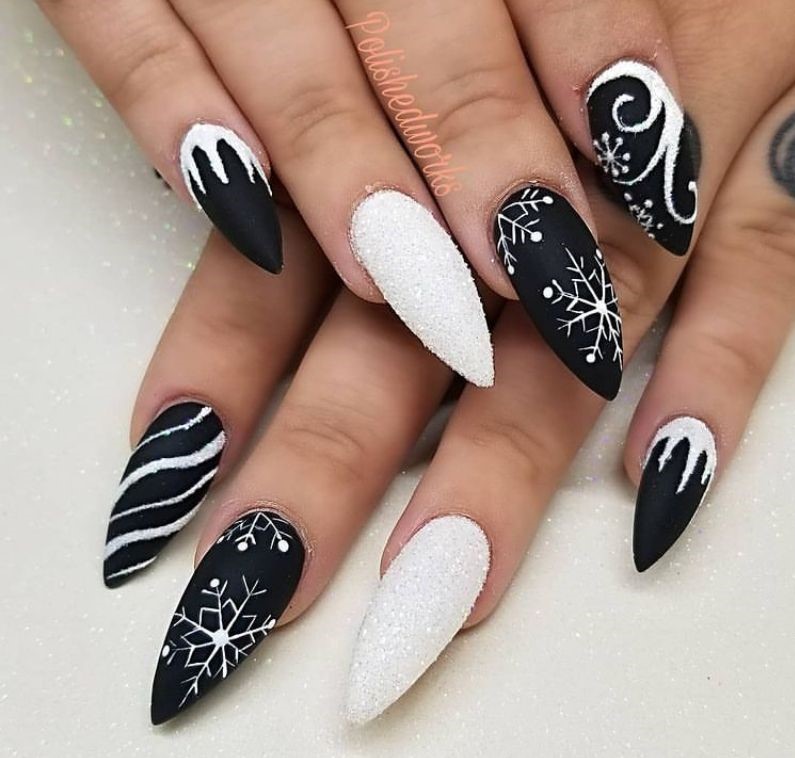 Black and Sparkly White Christmas Nail Art