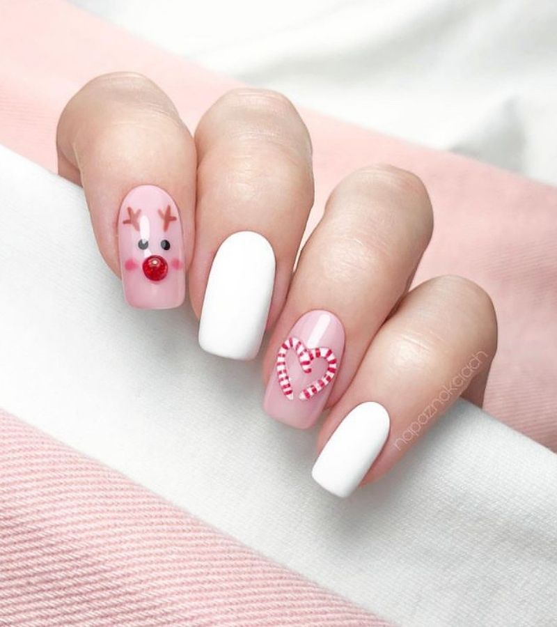 Light Pink And White Coat With Reindeer And Candy Cane On Top -Short Christmas Nails