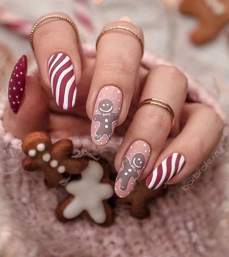 Pink Coat With Gingerbread Design - Christmas Nail Art