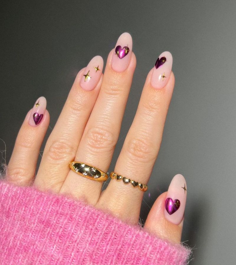 Pink hearts with gold sparkle - cute valentines nails 