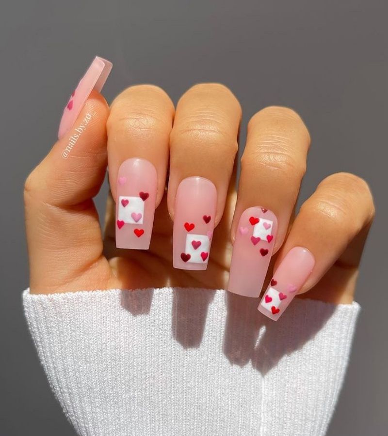 Light pink bas with small hearts and white square box - Cute Valentines Nails