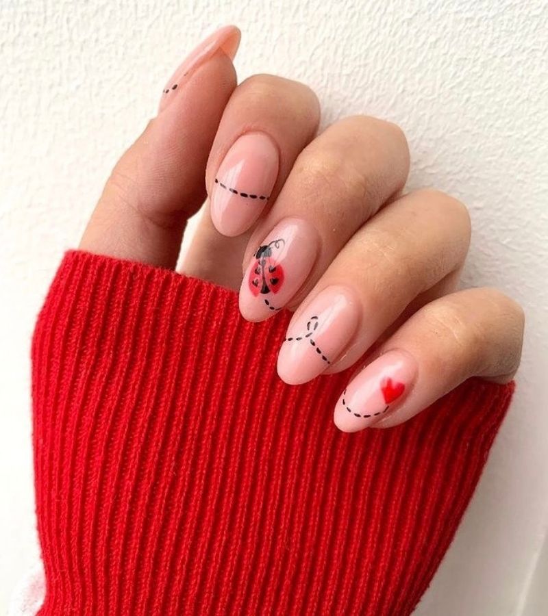 Nude Pink Base With Lady Bug - Cute Valentines Nails
