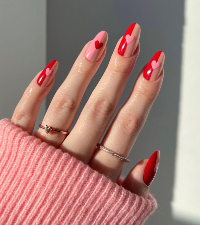 pink and red nails with hearts - cute valentines nails