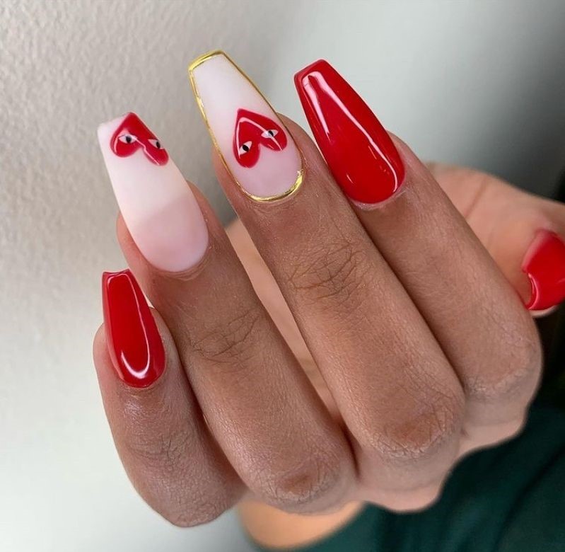 Red nails and hearts with gold outline - heart nails