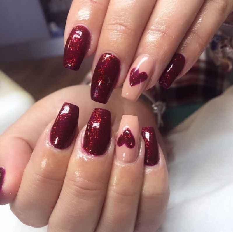 Glittery maroon with nude heart design - cute valentines nails