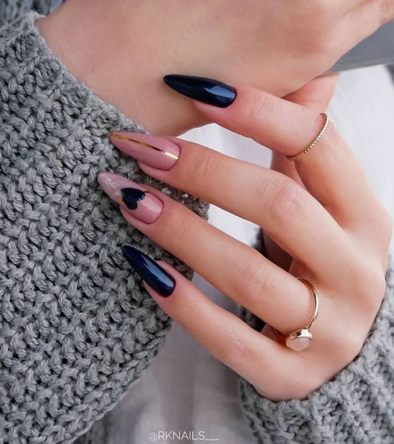 Black and nude color - valentine's day nails