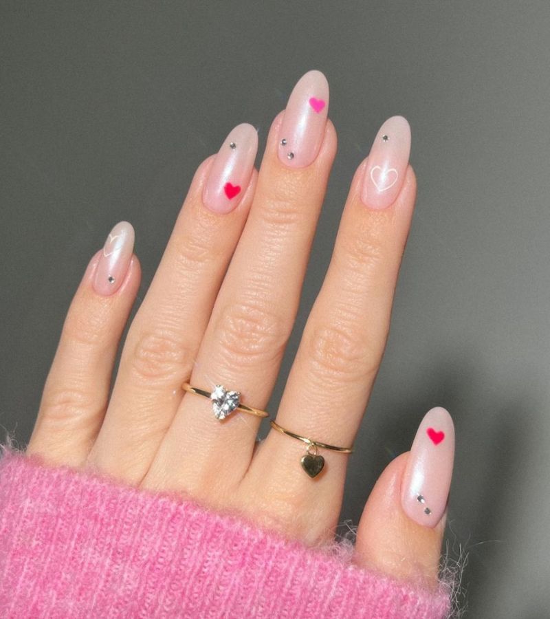 Pink and red heart glazed nails 