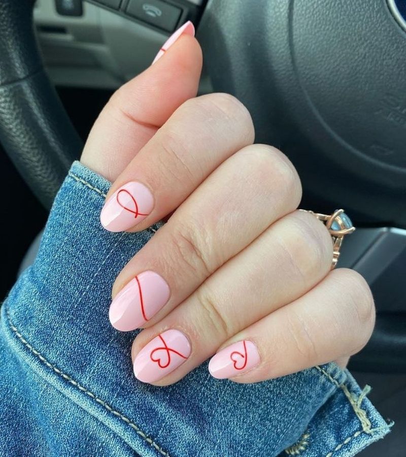 Baby Pink Coat With String Of Red Hearts - Heart Nails
