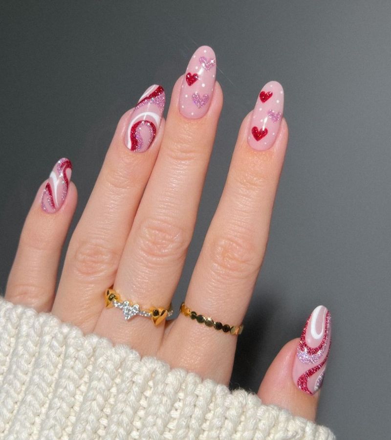 Red and pink heart nails 