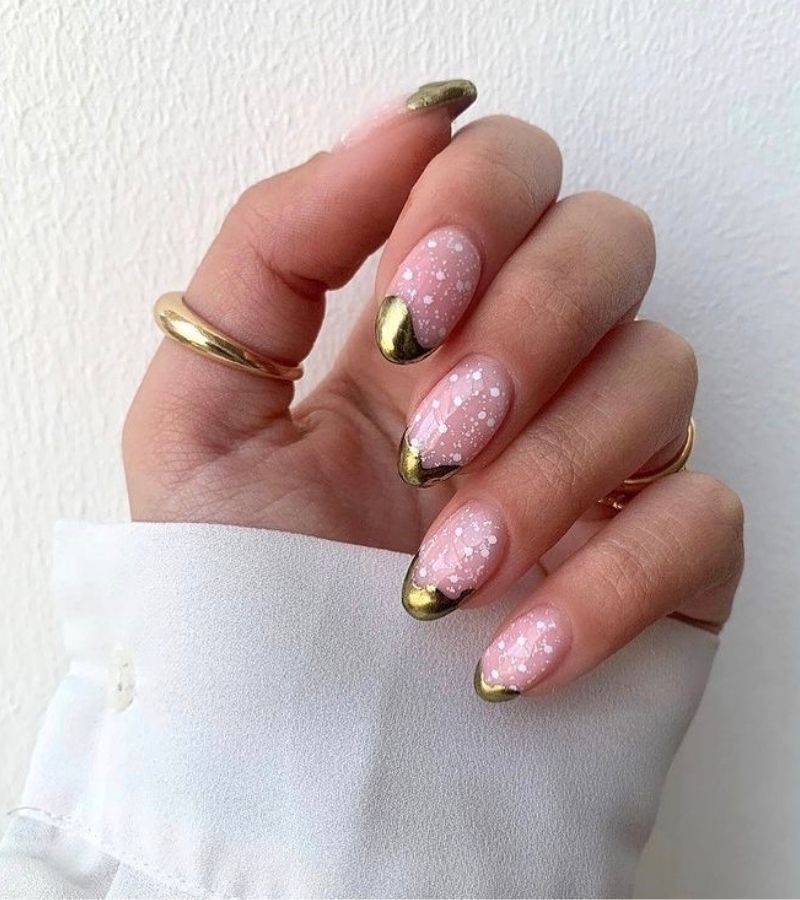 White Confetti Base With Golden Tips - Cute Nail Designs