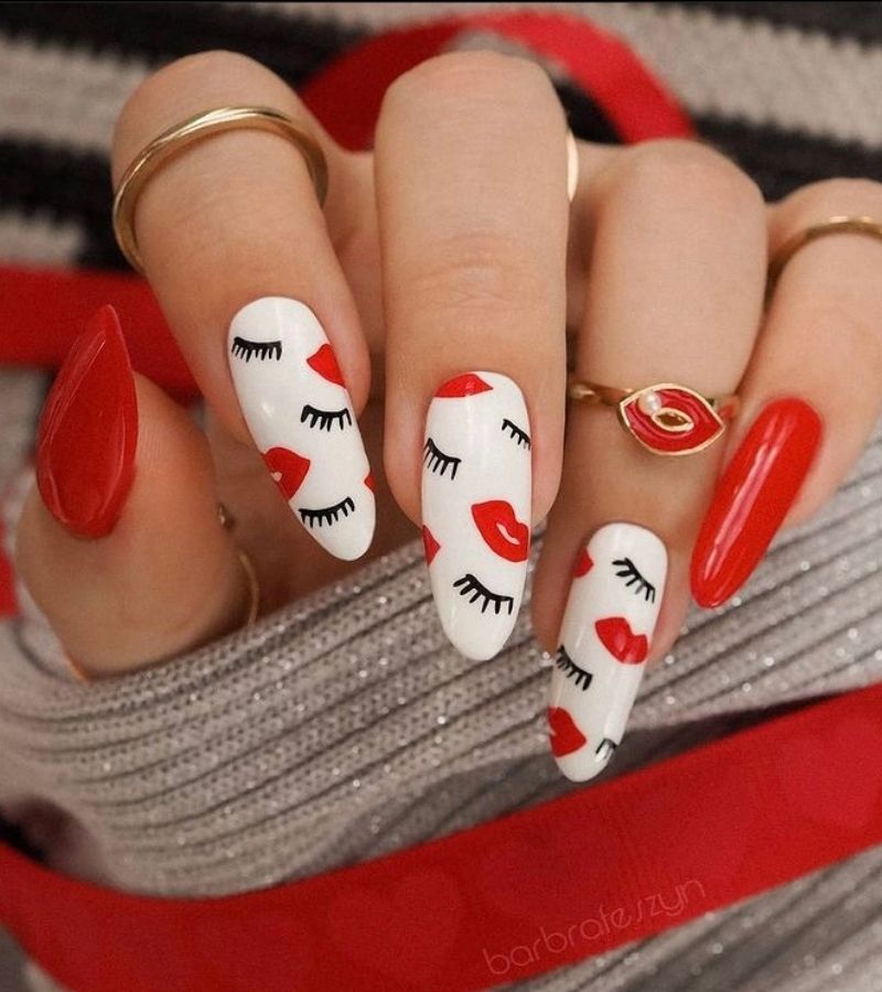 Red and white nails with lips and eye lashes - Cute Valentines Nails