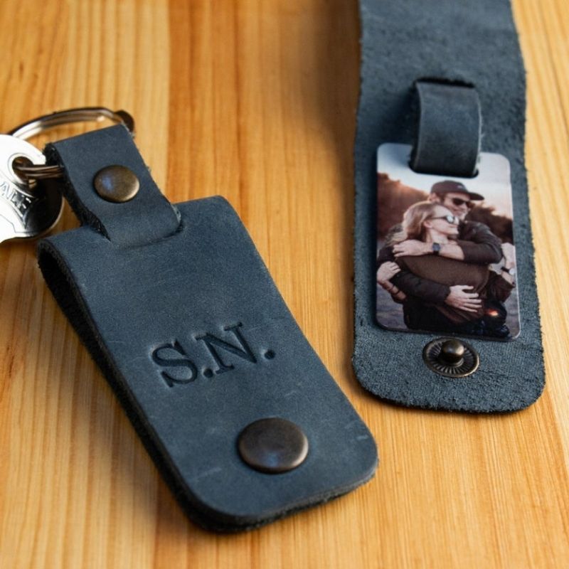 Blue Leather Photo Keychain - most popular Valentine's Day gifts