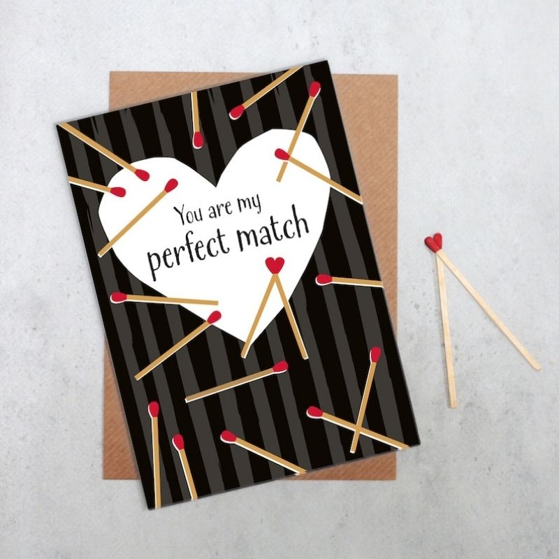 "You Are My Match" Black Valentine's Day card with matches