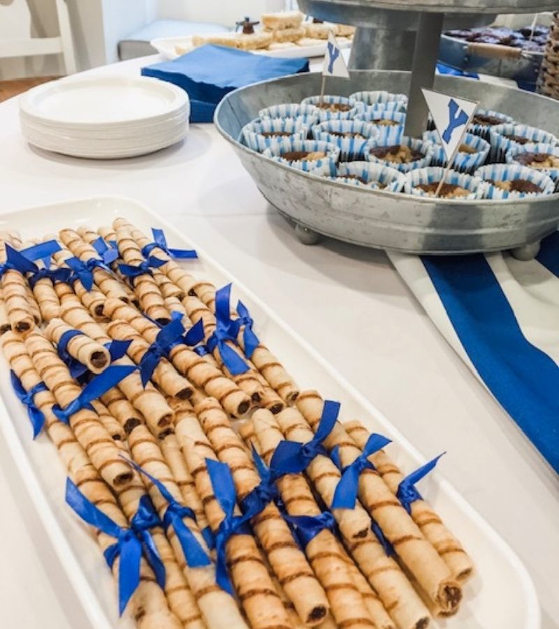 Pirouette Cookies With Blue Ribbon - High School Graduation Party Food Ideas