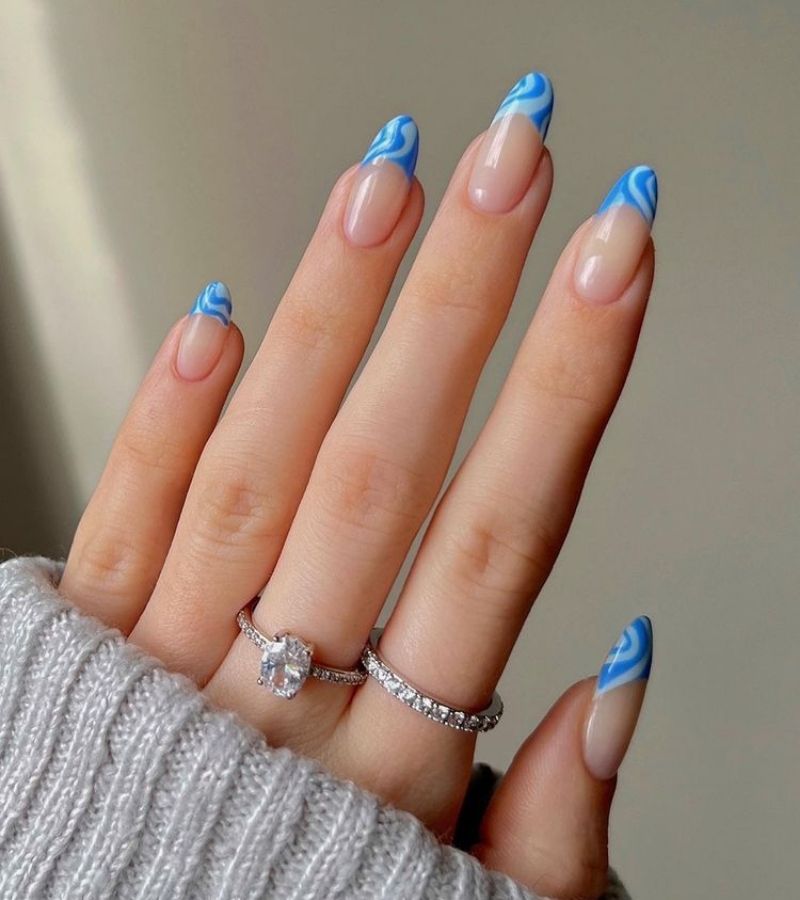 Blue Wavy French Tips - Bright Summer Nails