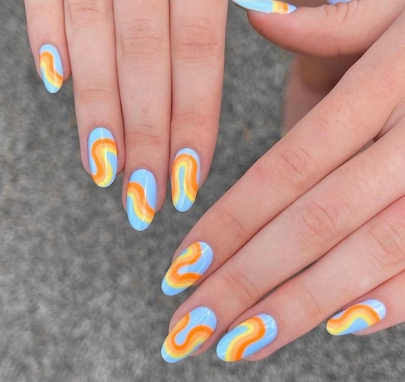 Light Blue Base With Orange Waves - Bright Summer Nails