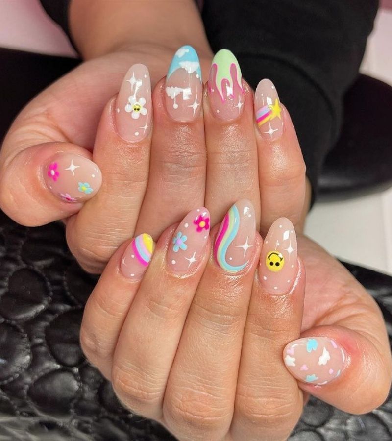 Bright Nail Designs Over Sparkly Nude - Bright Summer Nails