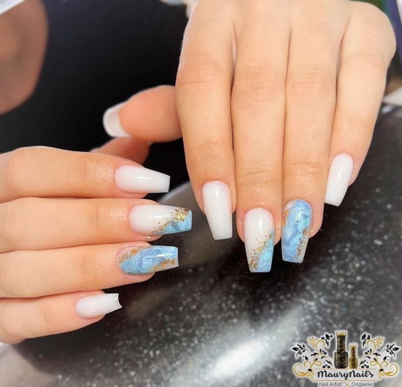 White Nails With Marble Blue Design