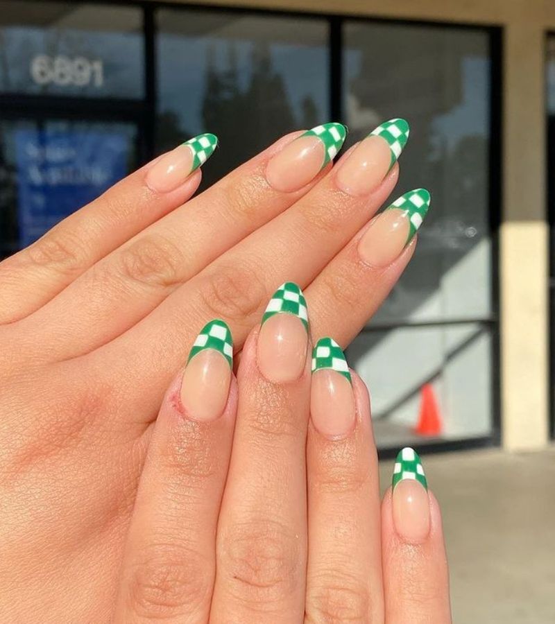 Green And White Checkered French Nails