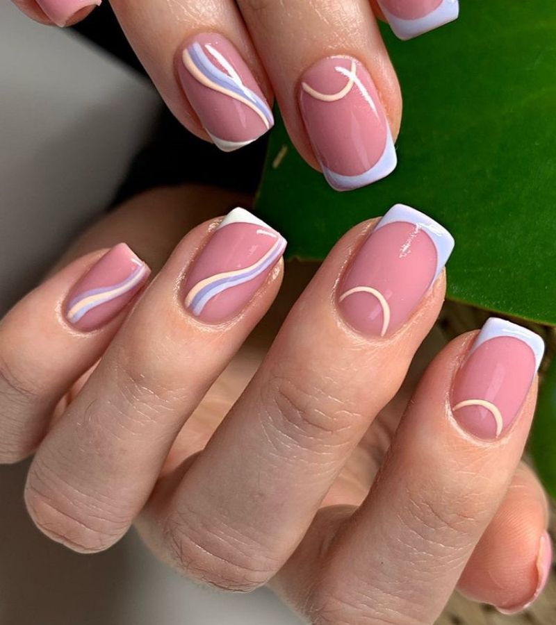 Pink Base With White Tips And Curves - Short Spring Nails