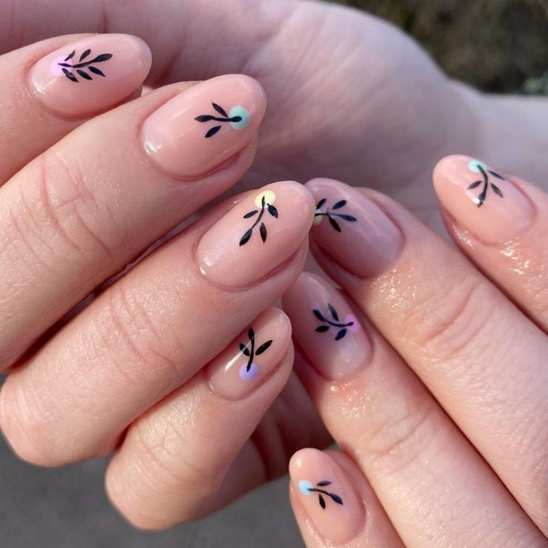 Spring Leaves On Nude Base - Spring Nails For Short Nails