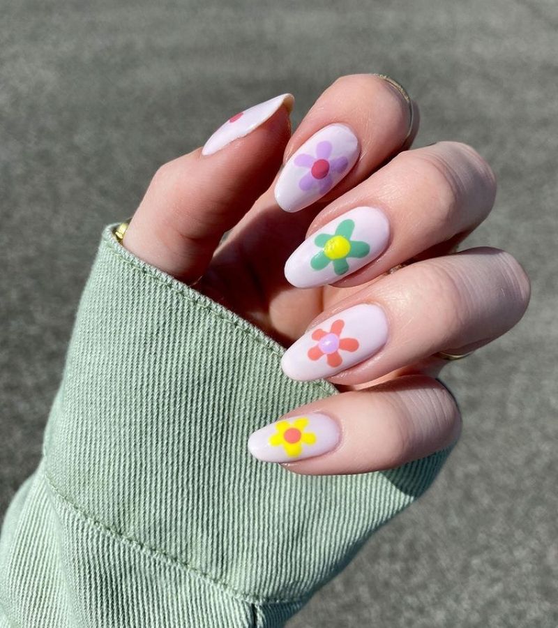 Colorful Spring Flowers On White Base - Cute Spring Nails