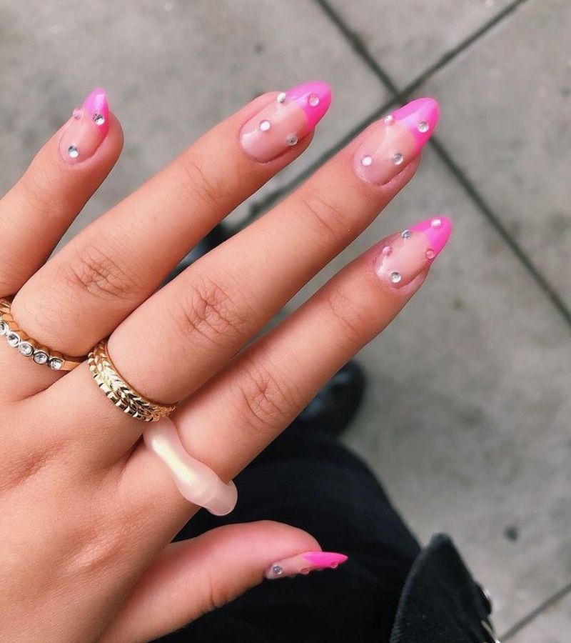 Pink Tips With Rhinestones - Cute Spring Nails