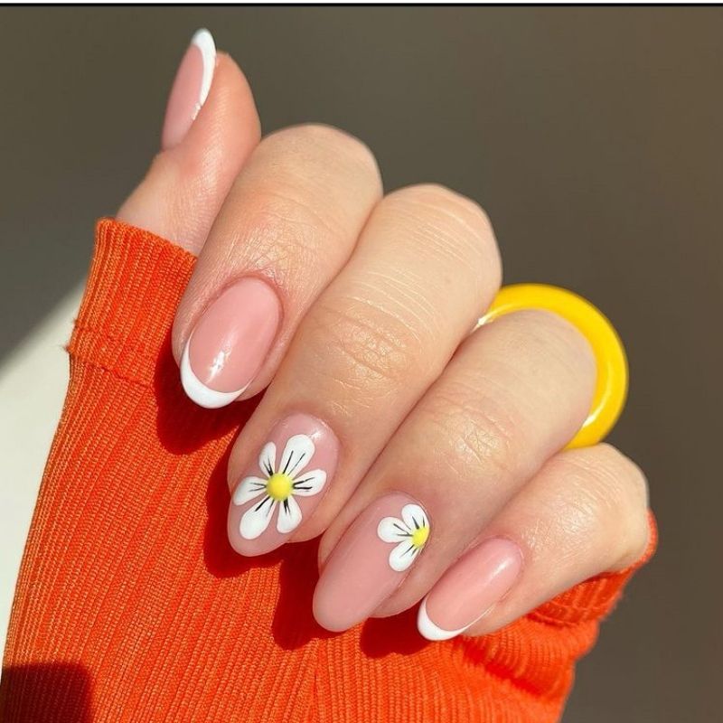 Nude Pink and White Tips with Flowers