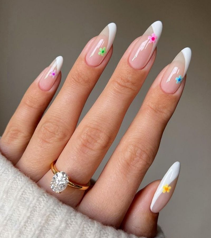 White Half-French Curves With Daisy Stickers - Spring Nails