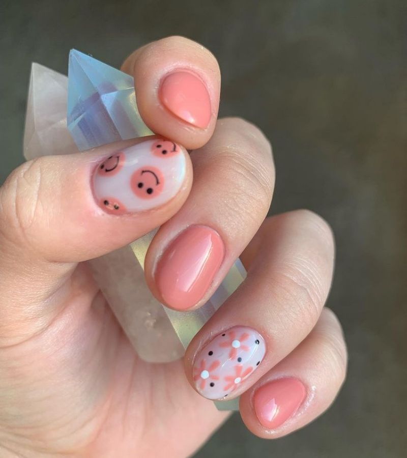 Peachy Nude With Smiley Faces - Cute Spring Nails