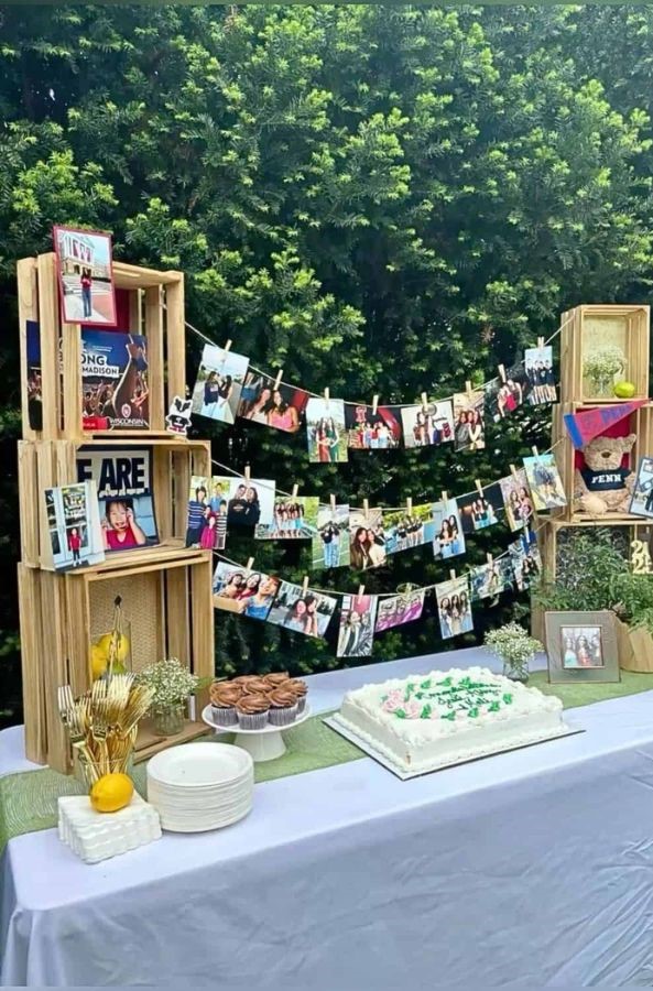 photo strings above dessert table