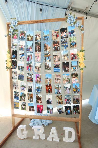 grad photos on memory wall graduation party photo display ideas