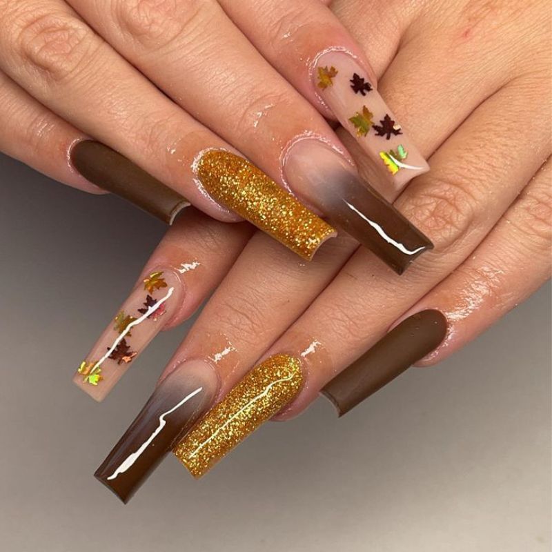 Brown Nails With Gold Sparkles