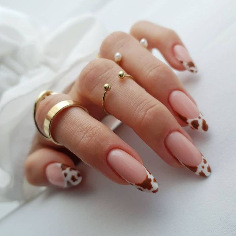 Brown And White Cow Print French Nails