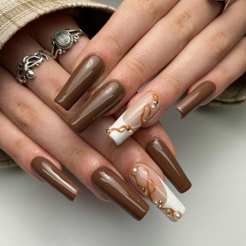 Brown Nails With White Tips And Bead