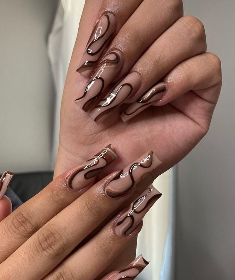 Chocolate Color Swirls - Brown Nail Designs 