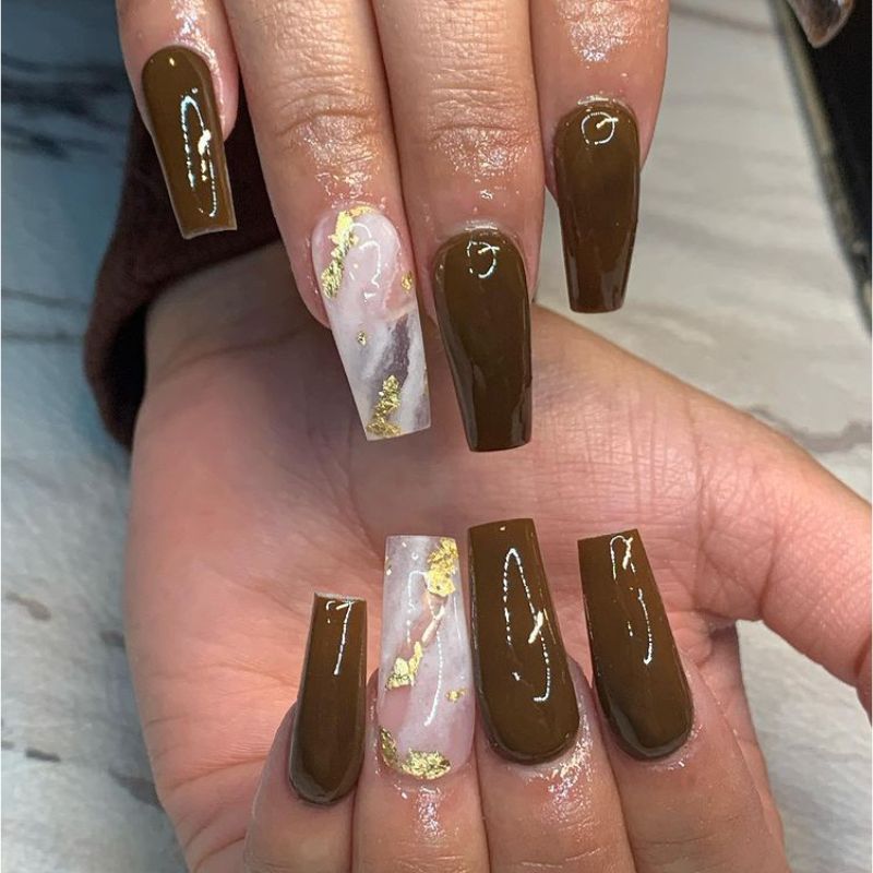 Brown Nails With White And Golden