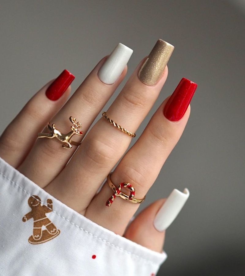 Red white and gold christmas nail art