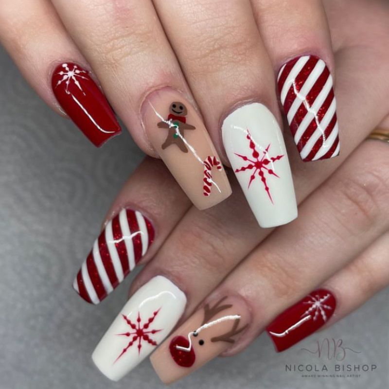 Snowflake, candy cane, gingerbread, rudolph on red white nails