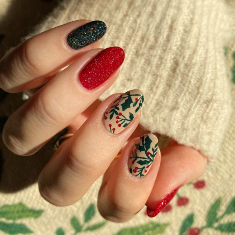 Red and green mani with floral abstract