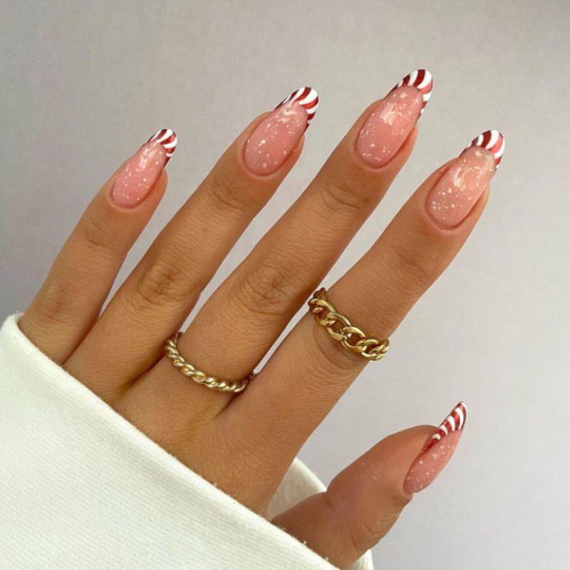 Candy cane French with white dots - nails for Christmas