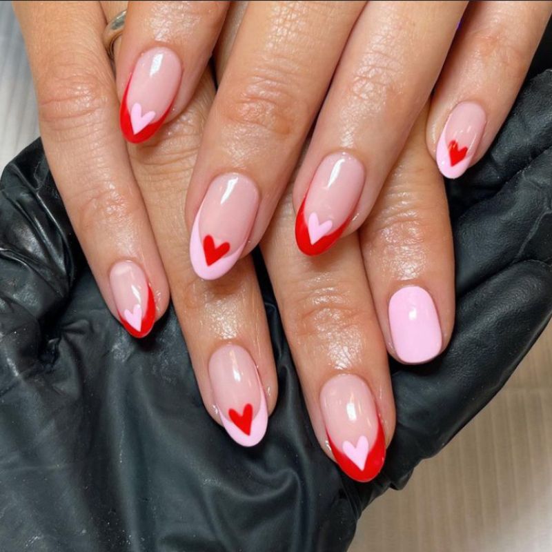 Pink and red French mani with hearts